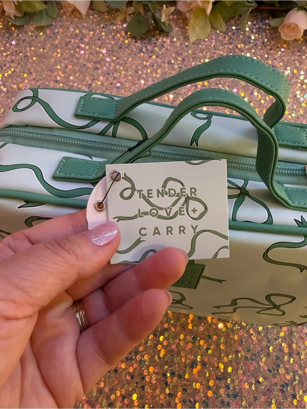 NWT Tender Love + Care Toiletry Weekender Bag in “Green Bows” Pattern